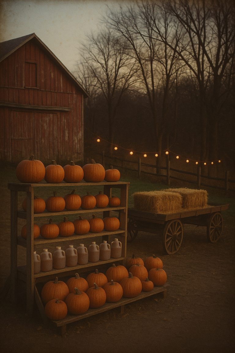 A farm stand at dusk with pumpkins, jugs of cider, a hay wagon and lanterns along a fence